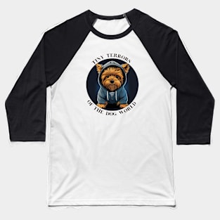 Yorkie Wearing a Hoodie T-Shirt Baseball T-Shirt